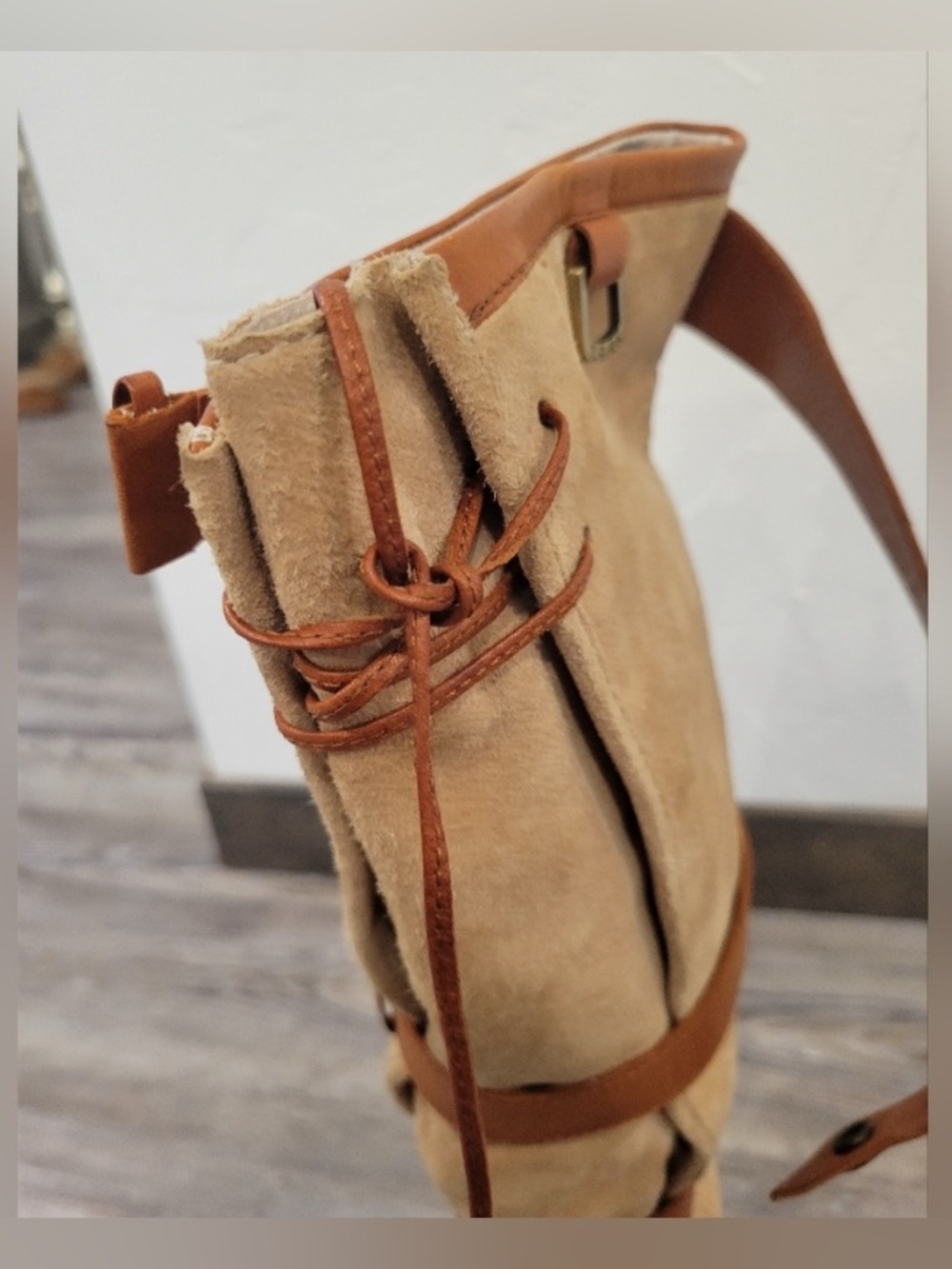 Women's Tan Suede Wedge Knee-High Boots with Leather Straps - Picture 3 of 5